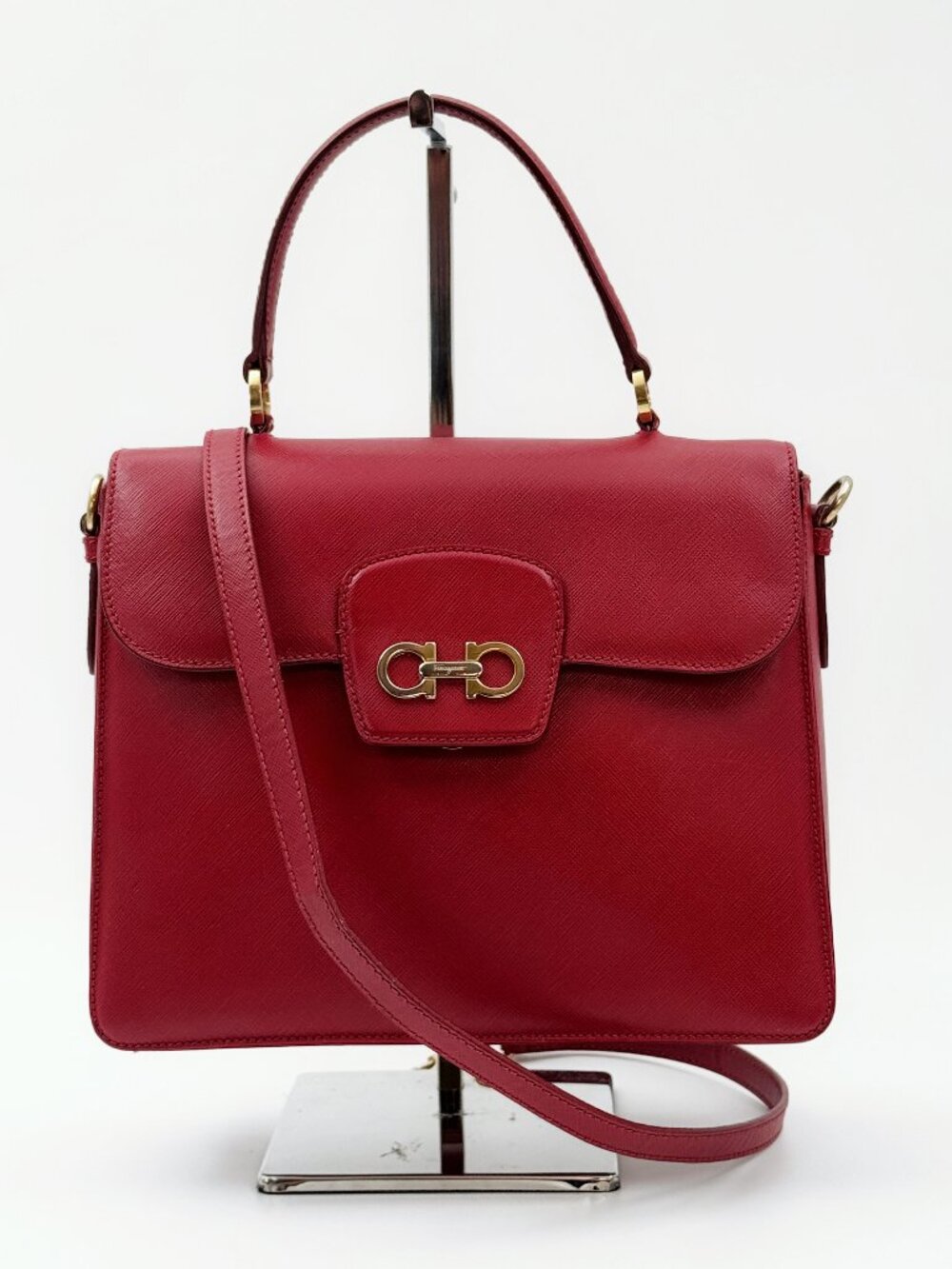 Salvatore Ferragamo Red Leather Gancini Top Handle Crossbody Bag